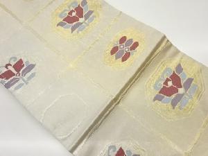 格子に抽象華文模様織出し名古屋帯